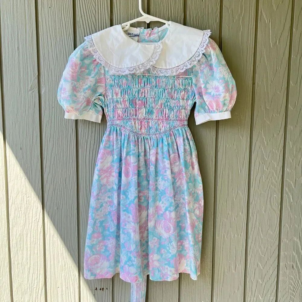 VTG Polly Flinders Pastel Floral Smocked Prairie Dress Girls 7 Lace Collar